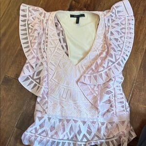 BCBGMaxAzria Cream Asymmetrical Ruffled Cap Sleeve Blouse